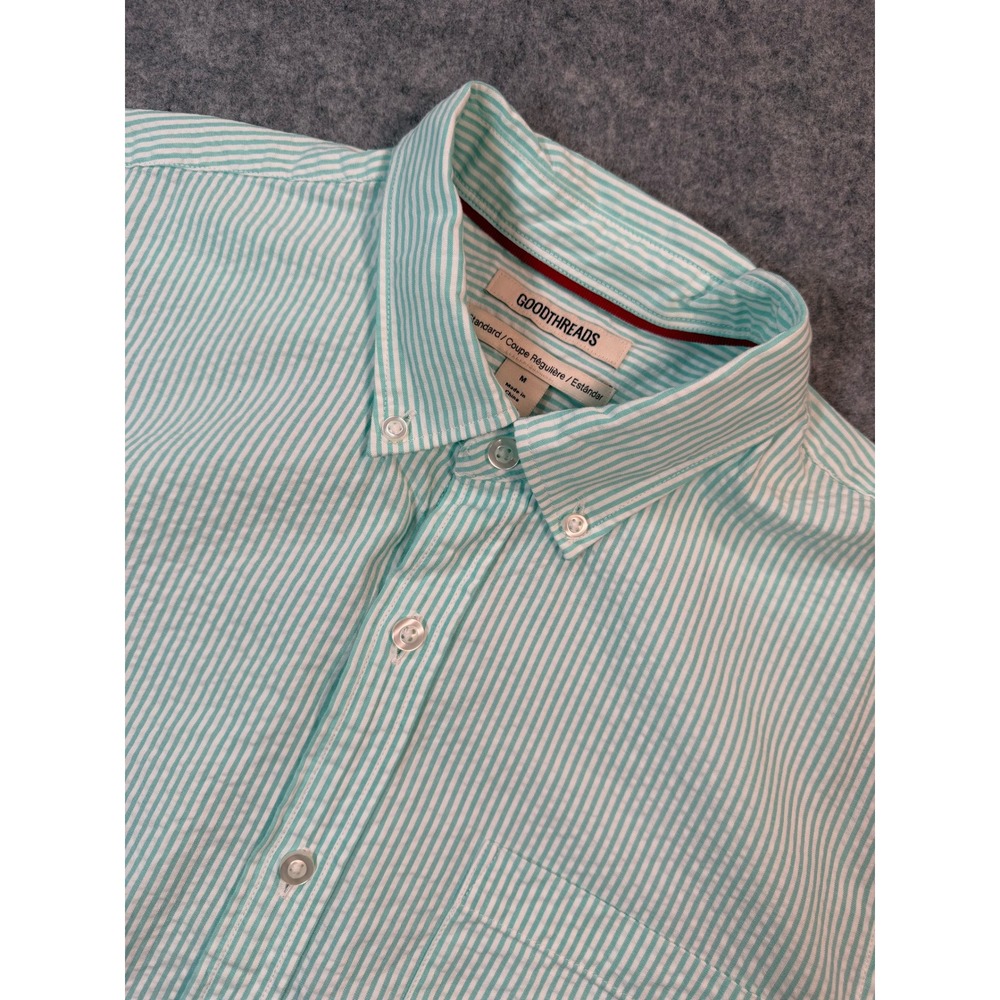 Goodthreads Mens Teal White Seersucker Stripe Short Sleeve Button Down Shirt M